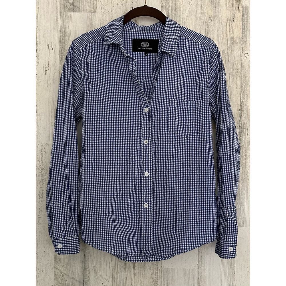 Tart Collections Womens Button-up Shirt Size Small (XS) Navy Gingham‎ Crinkle